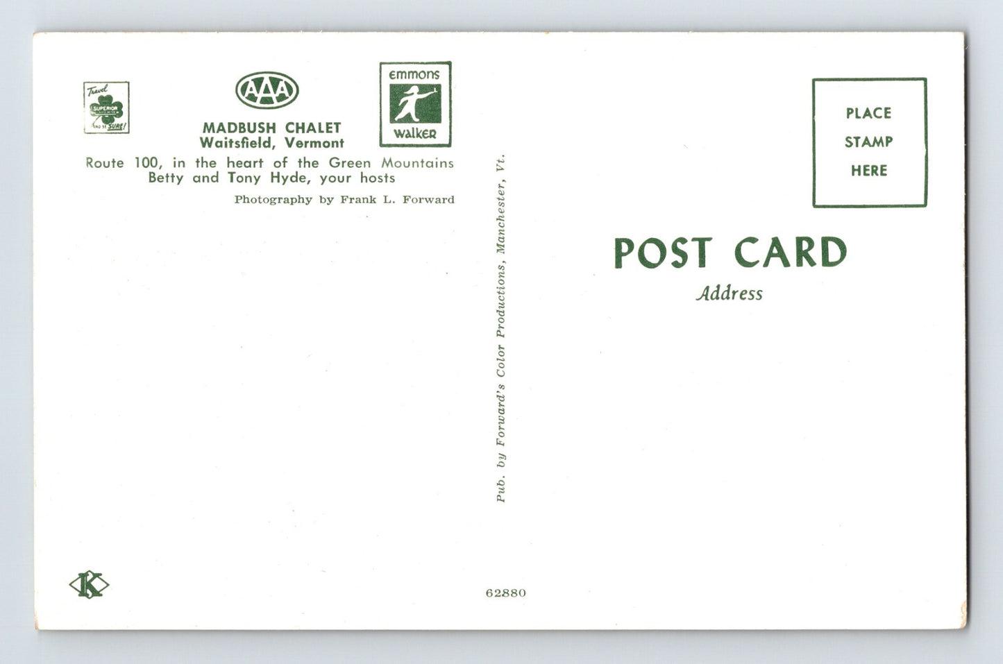Waitsfield Vermont Madbush Chalet Hotel 1960s Postcard Unposted Chrome