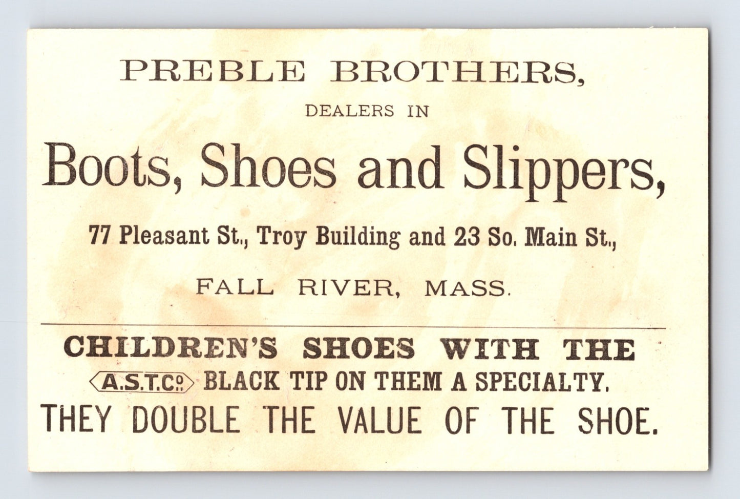 Fall River Massachusetts Preble Brothers Boots Shoes 1890s Trade Card 3.25 x 5