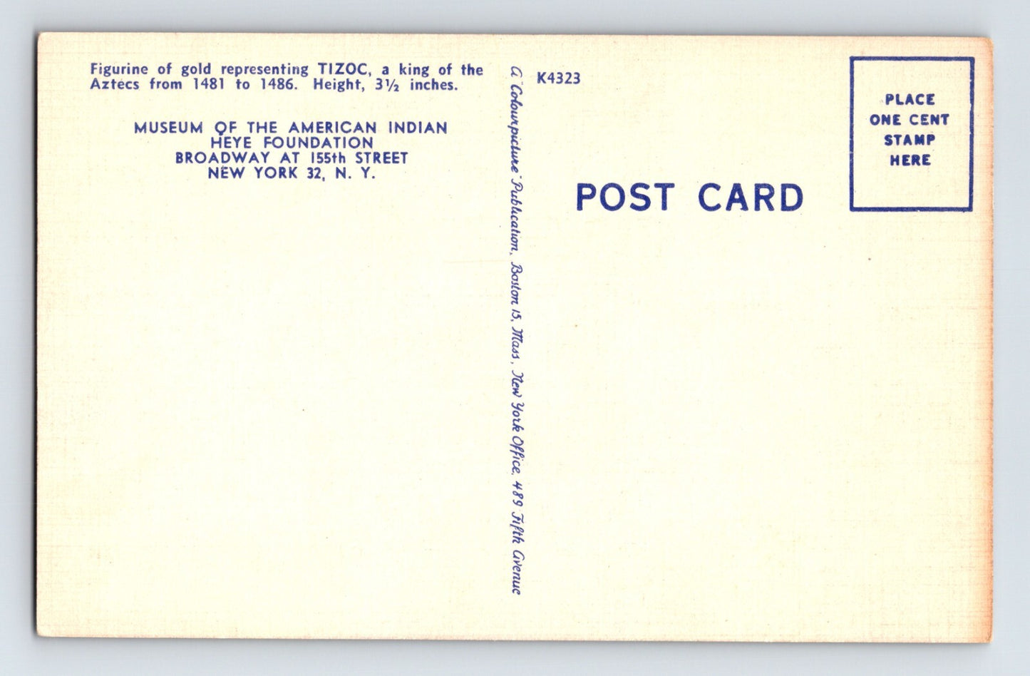 New York City American Indian Museum Tizoc Aztec 1940s Postcard Unposted