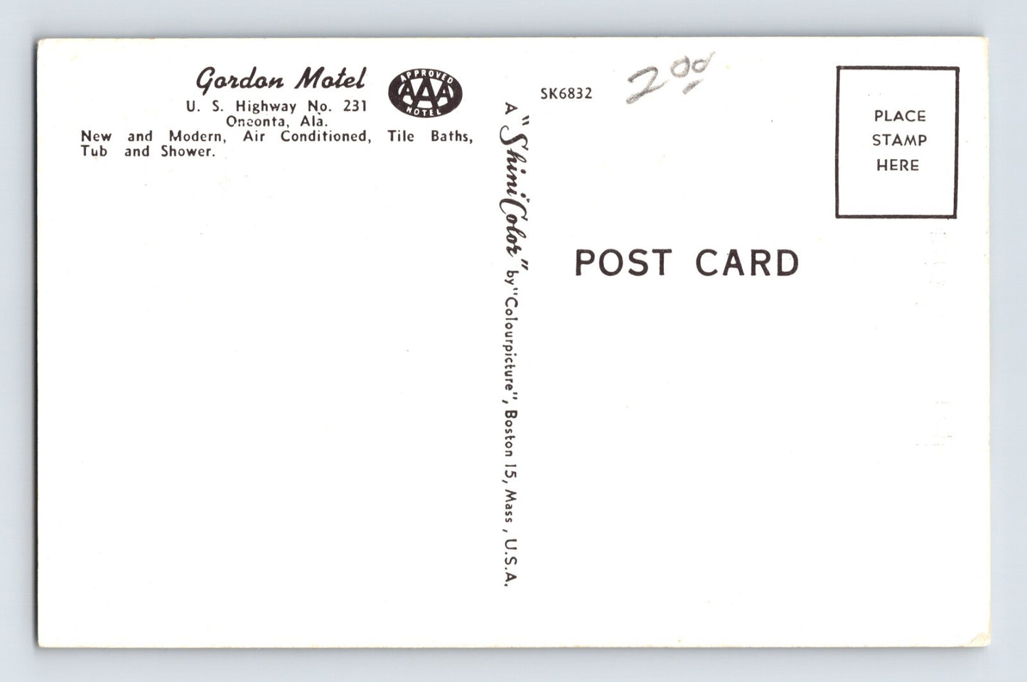 Oneonta Alabama Garden Motel 1950s Postcard Unposted Chrome