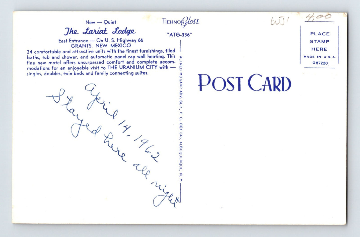 Grants New Mexico Route 66 Lariat Lodge Motel 1950s Postcard Unposted Chrome