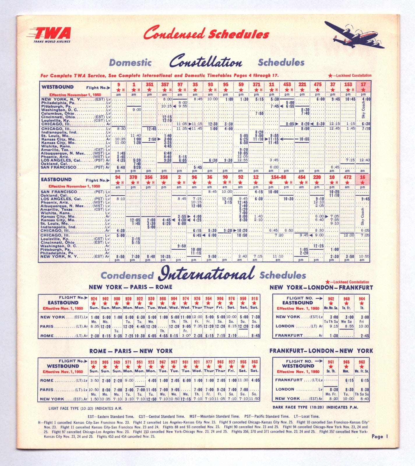 TWA Trans World Airlines 1948 London Frankfurt System Time Table Brochure
