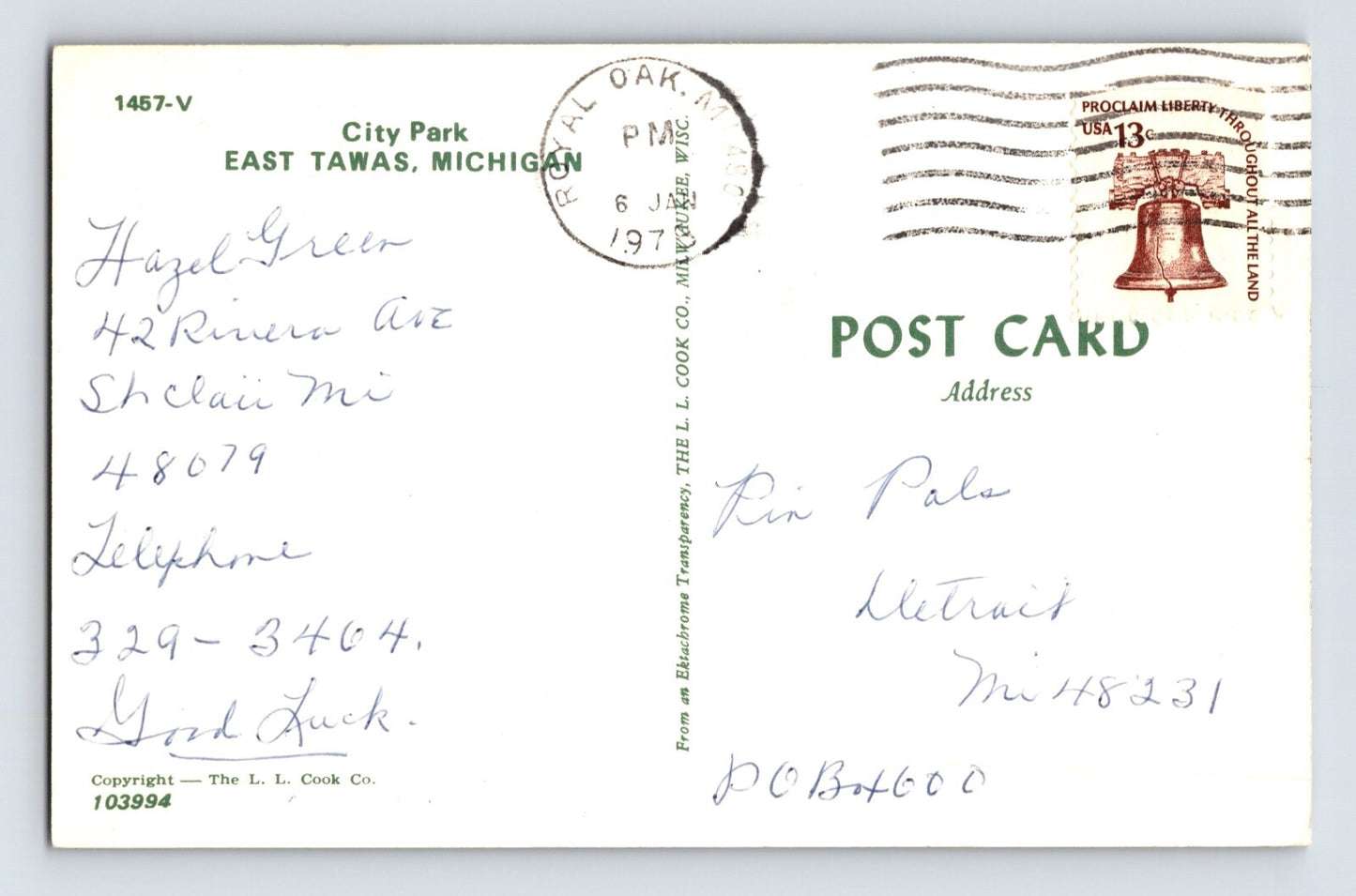 East Tawas Michigan City Park Campers Beach 1973 Postcard Posted Chrome