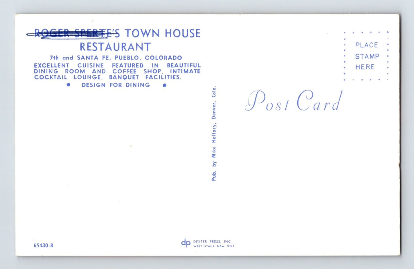 Pueblo Colorado Roger Sperte Town House Motel Restaurant 1960s Postcard