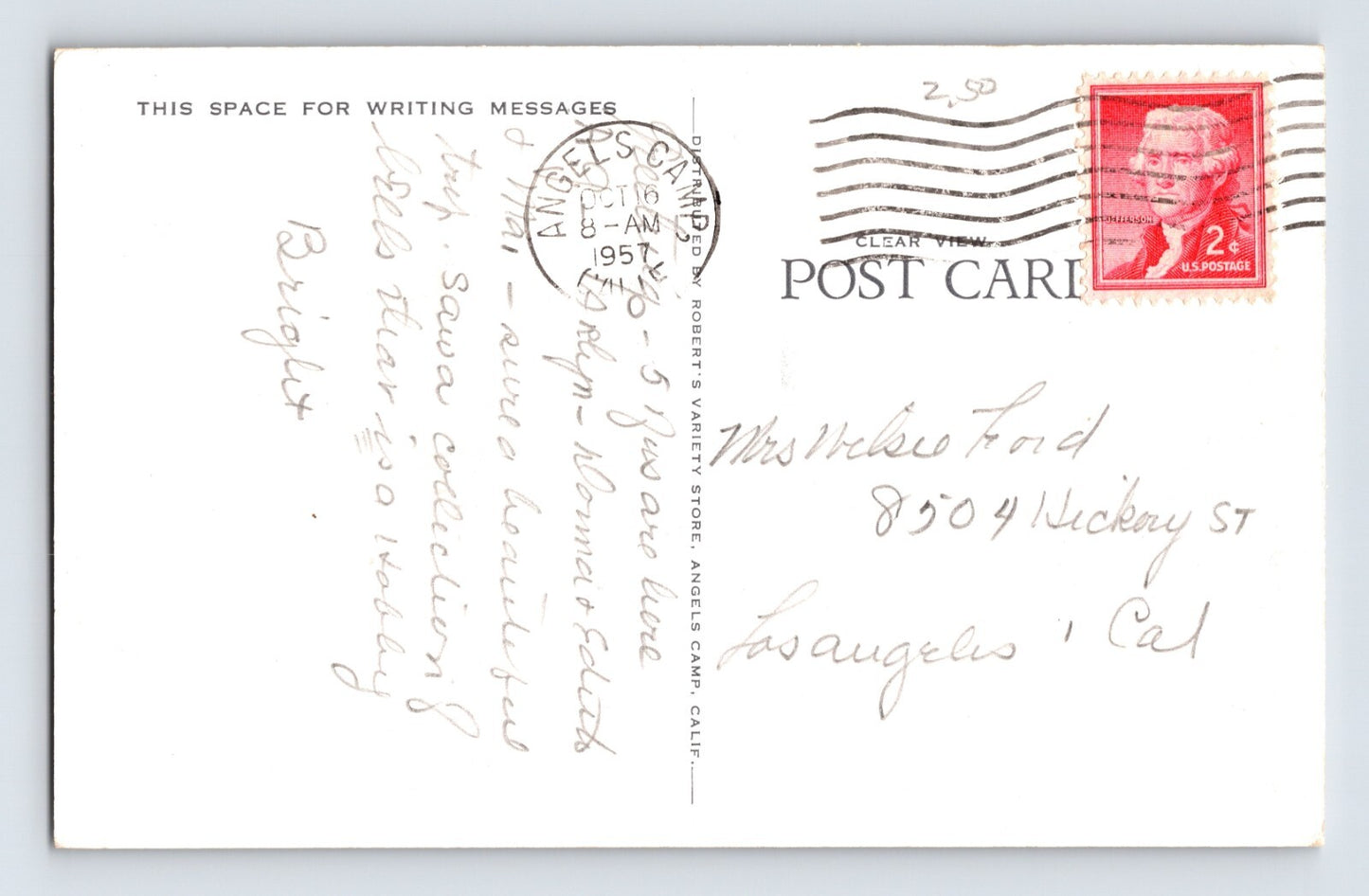 Angels Camp California Main Street Downtown 1957 Postcard Posted