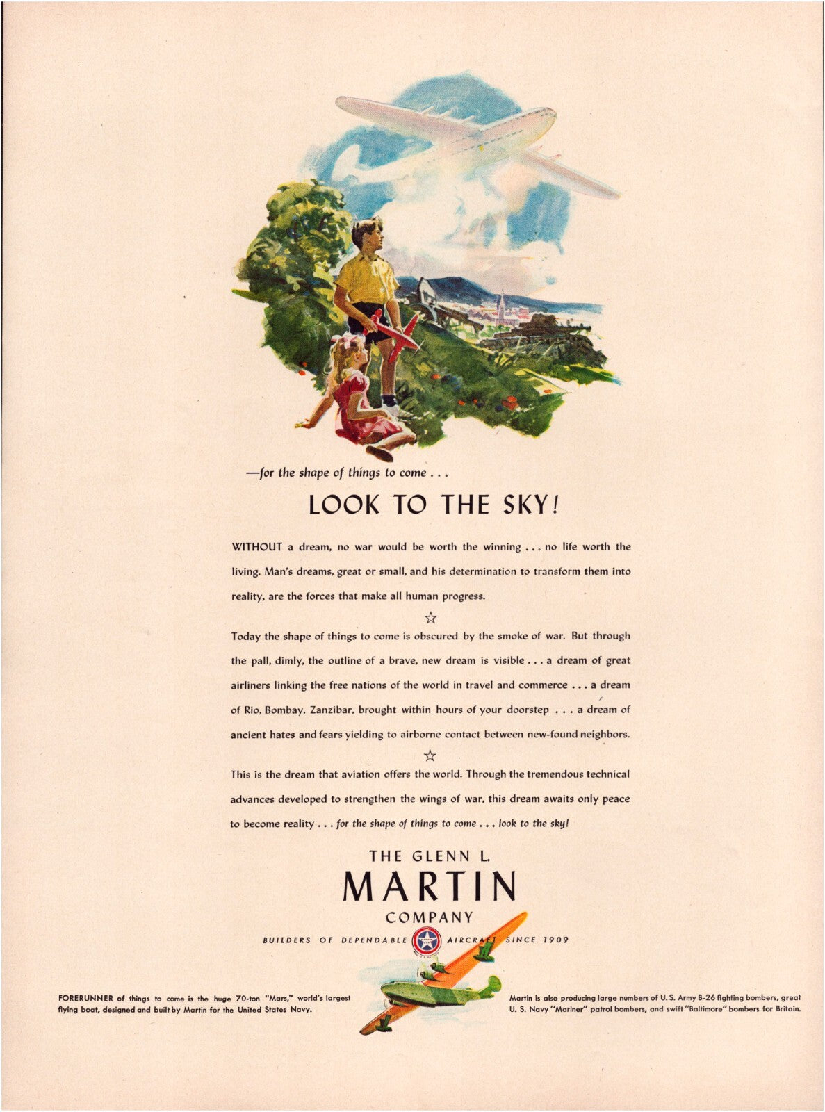 Martin Aircraft Mars flying boat 1942 print ad with airplane overhead and children looking to sky illustration