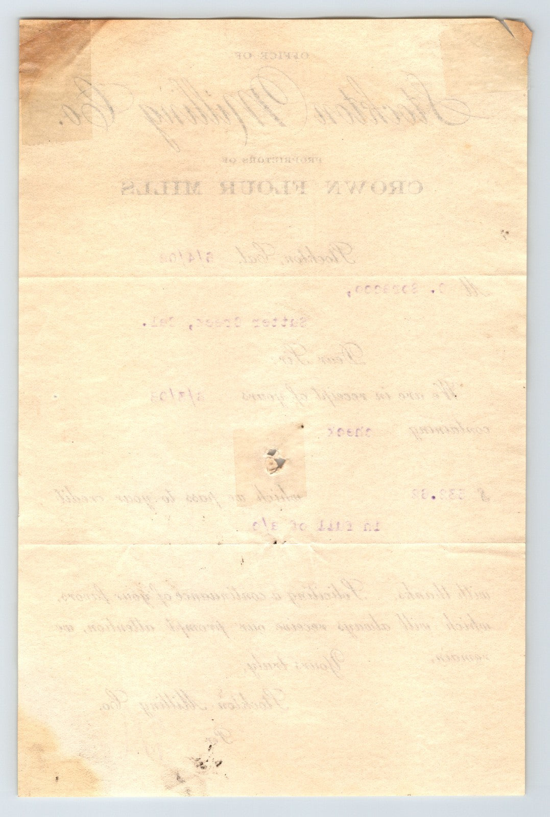 Stockton California 1908 Crown Flour Mills Billhead Receipt 8 x 5.5
