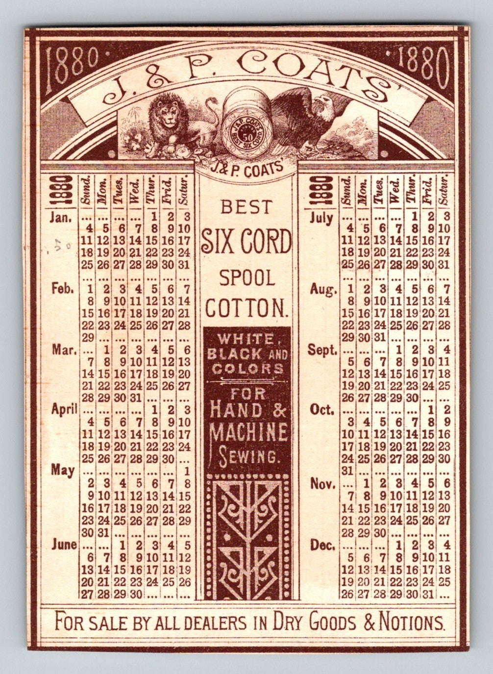 J.P. Coats Fishing Scene 1880 Trade Trade Card Sewing Thread Calendar - 4.25 x 3
