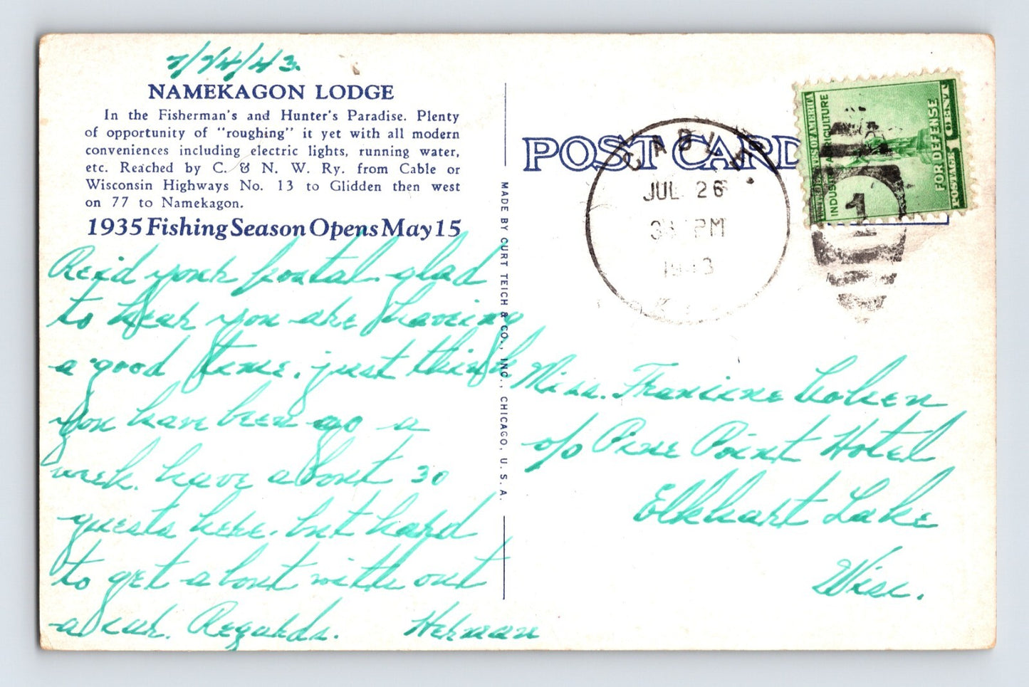 Cable Wisconsin Lake Namekagon Lodge 1943 Postcard Posted