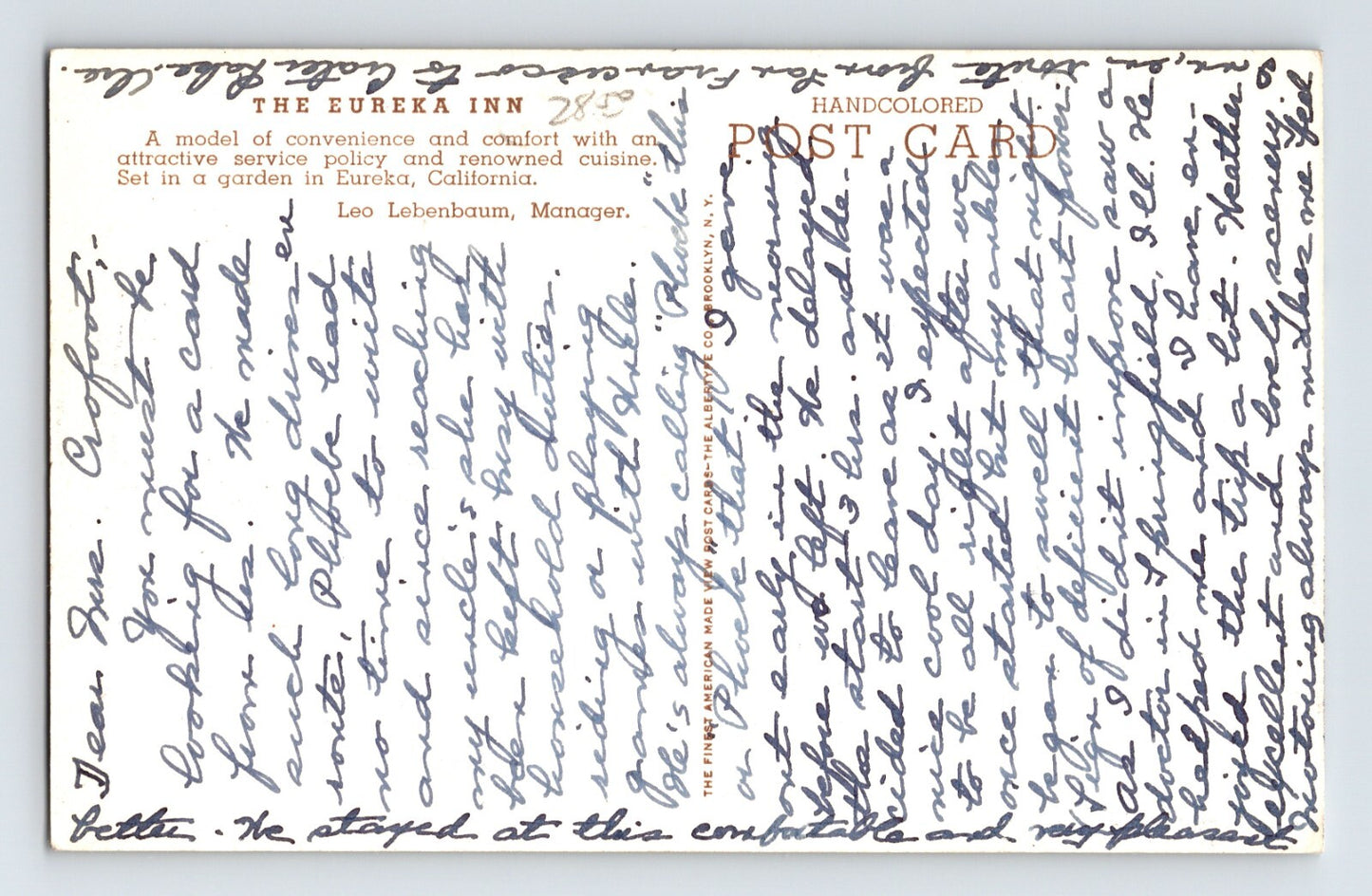 Eureka California Eureka Inn Lounge Fireplace 1930s Postcard Hand Colored