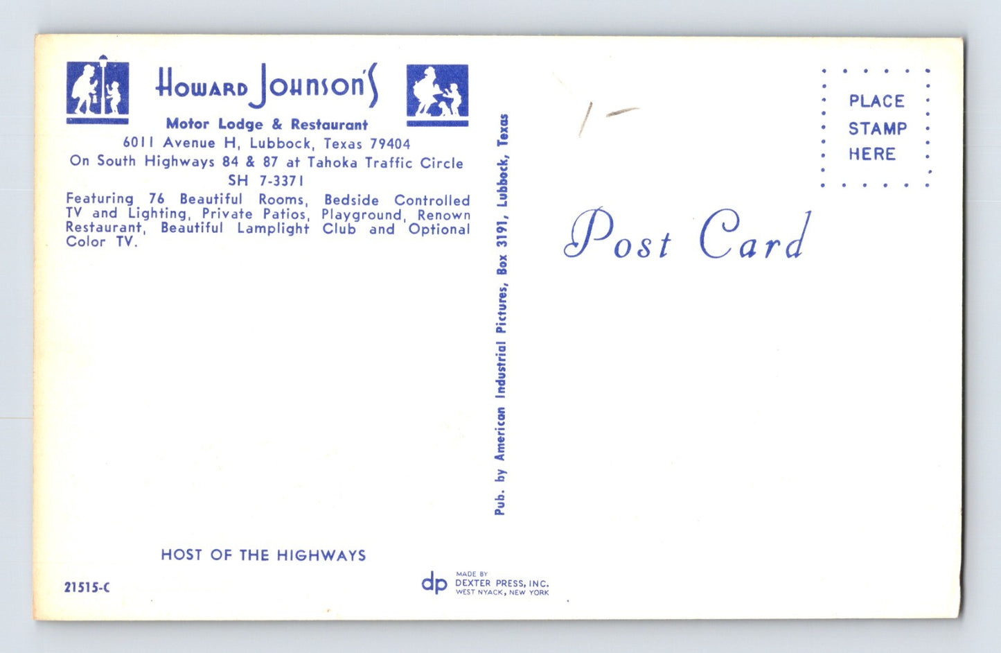 Lubbock Texas Howard Johnson Motor Lodge 1960s Postcard Unposted