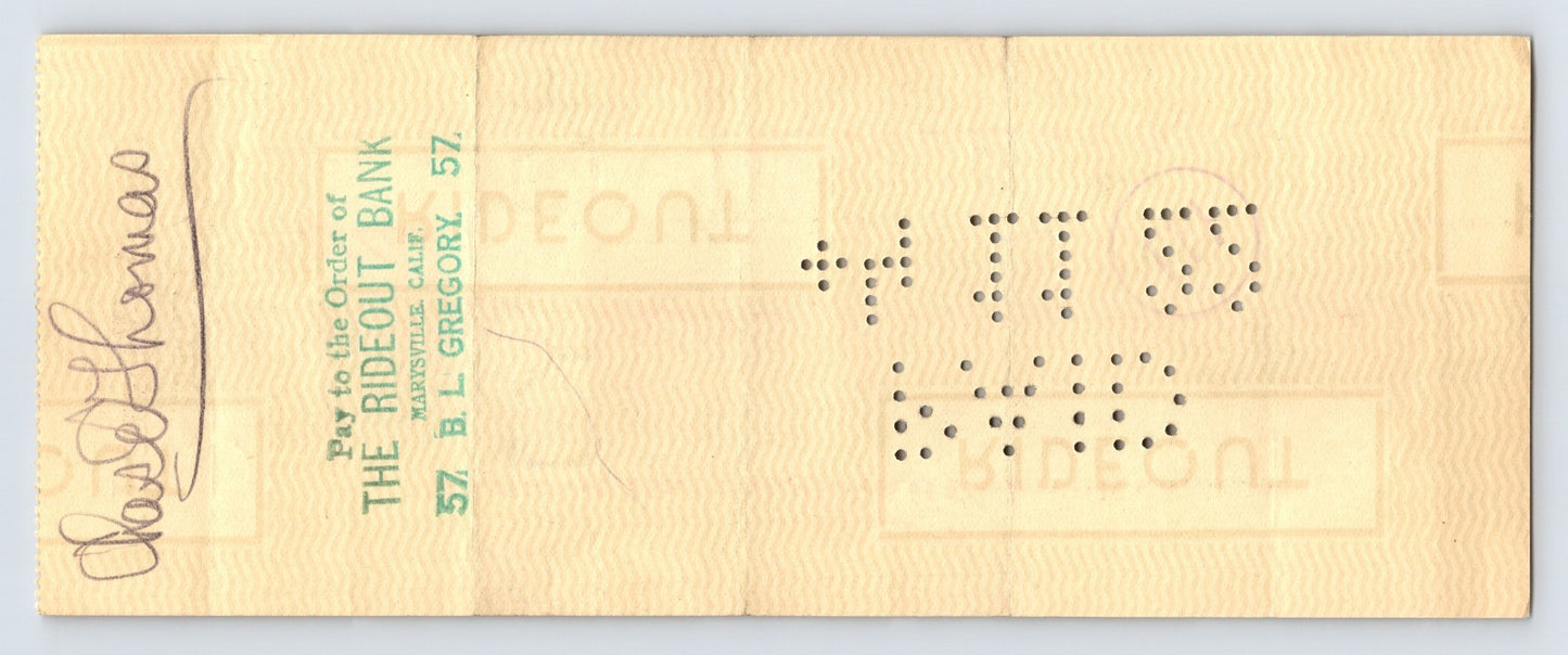 Marysville California 1922 Rideout Bank Money Order Check 3.25 x 8