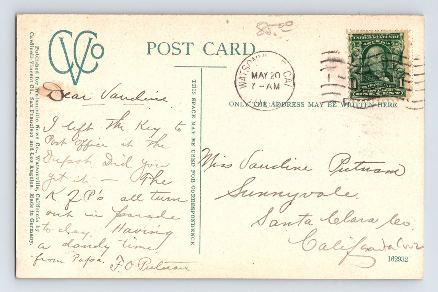 Watsonville California Main Street Pajaronian 1909 Postcard Posted Divided Back