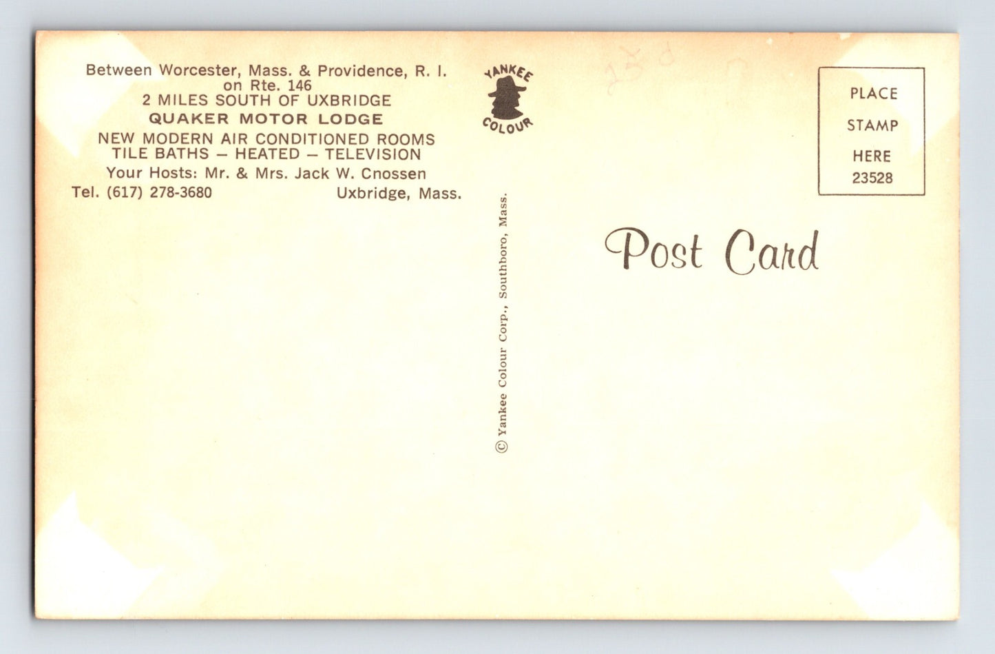 Uxbridge Massachusetts Quaker Motor Lodge Motel 1960s Postcard Unposted