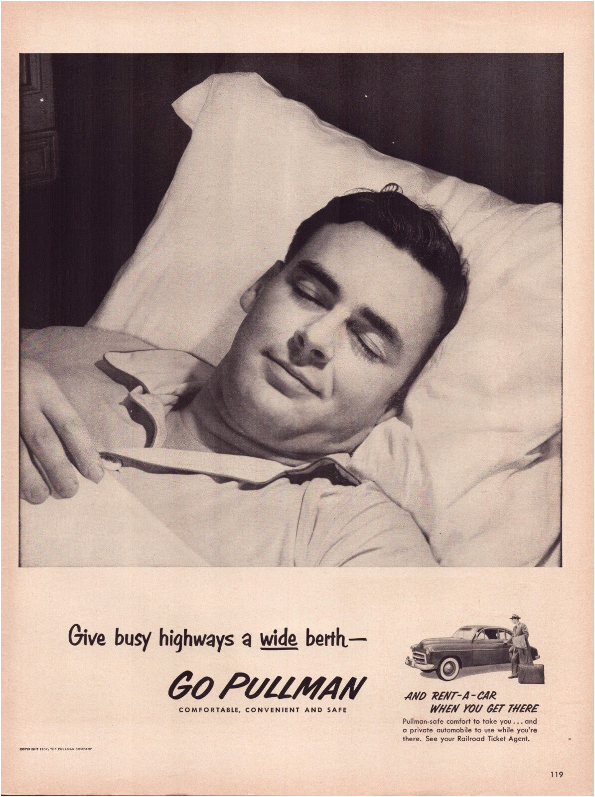 Pullman train advertisement 1952 man sleeping in berth railroad travel magazine page