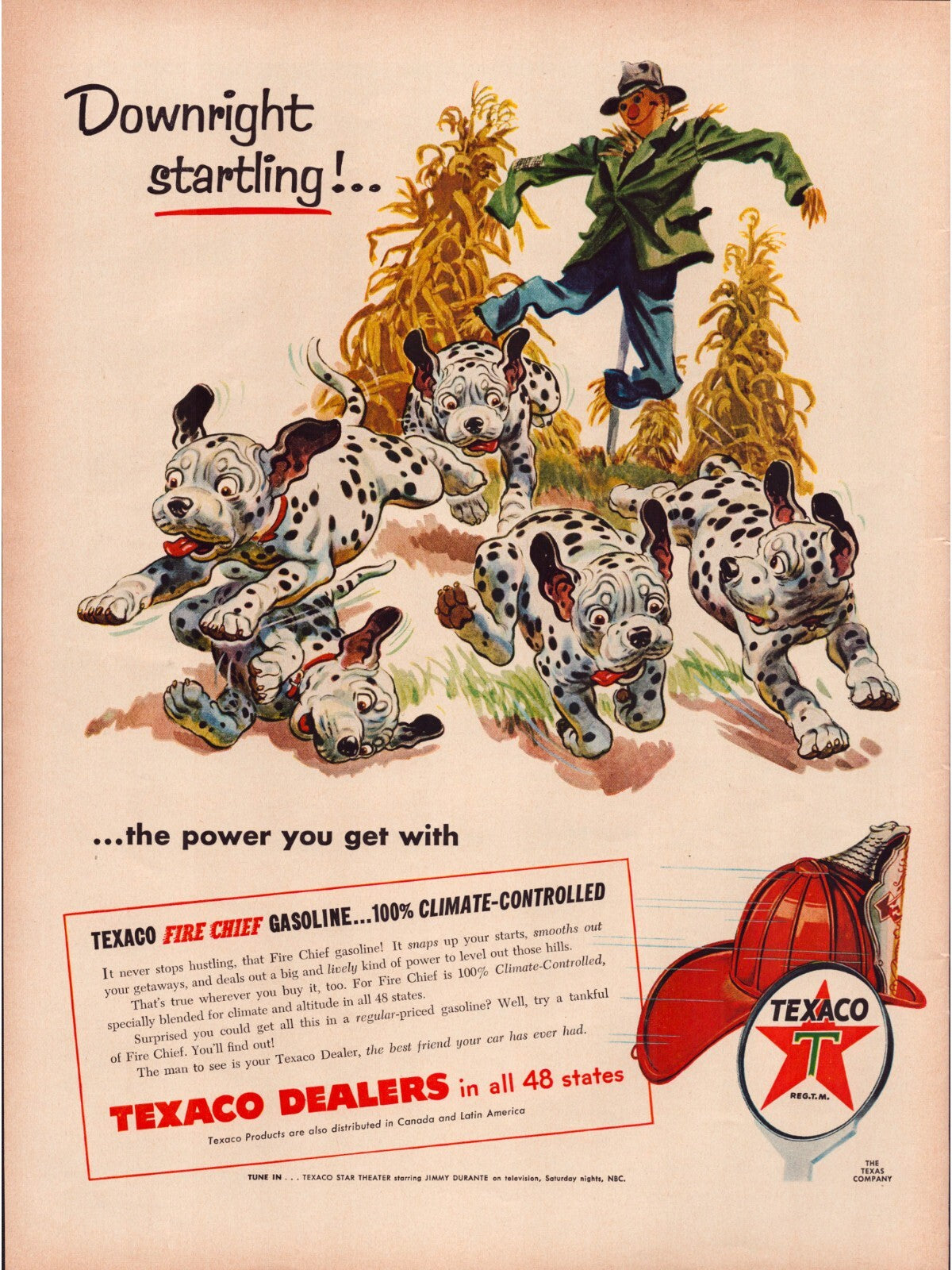 Texaco gasoline 1955 print ad dalmatian dogs scarecrow fire chief helmet vintage advertising