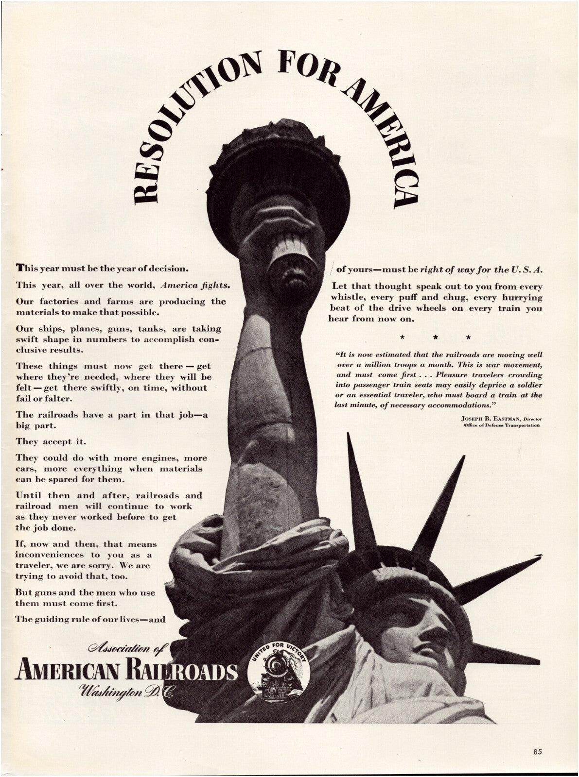 American Railroads wartime advertisement Statue of Liberty 1943 print ad