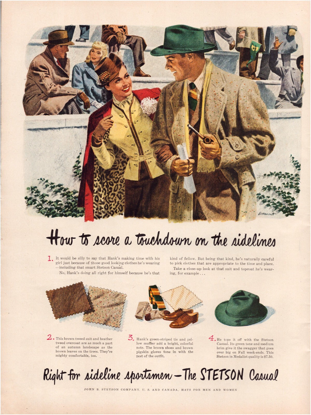 Stetson hat 1945 print ad football sidelines fashion illustration men women stadium scene full page
