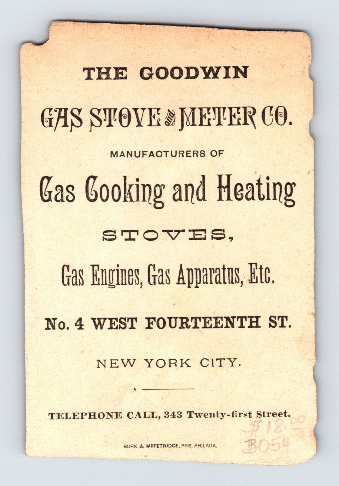 Goodwin Gas Stove and Meter New York City 1890s Trade Card 3 x 5.5 Die Cut