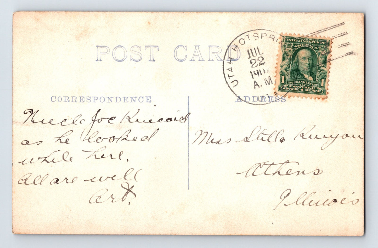 Hot Springs Utah Uncle Joe Kincaid 1910 RPPC Postcard Posted Cyanotype
