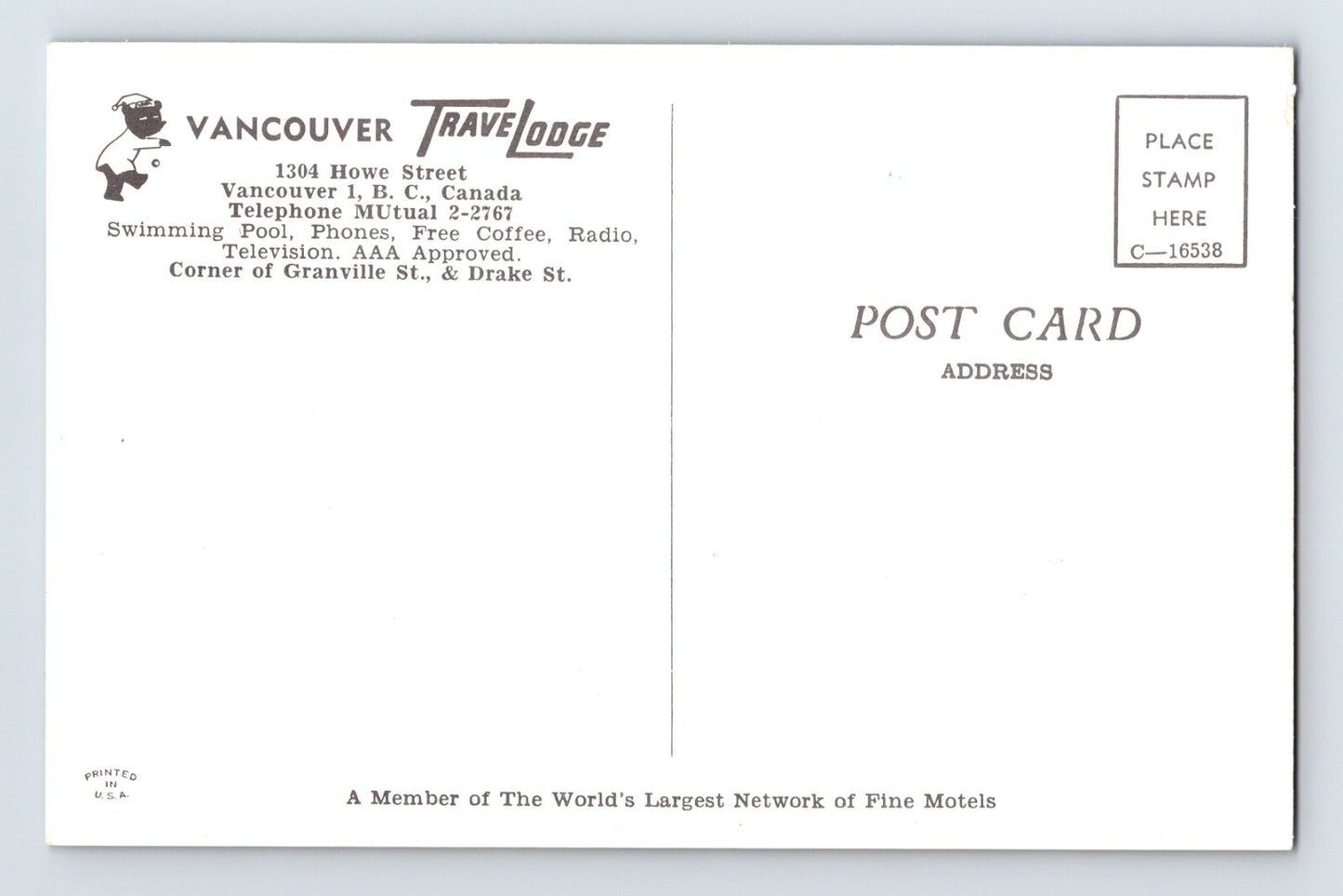 Vancouver British Columbia Travelodge Hotel 1960s Postcard Unposted