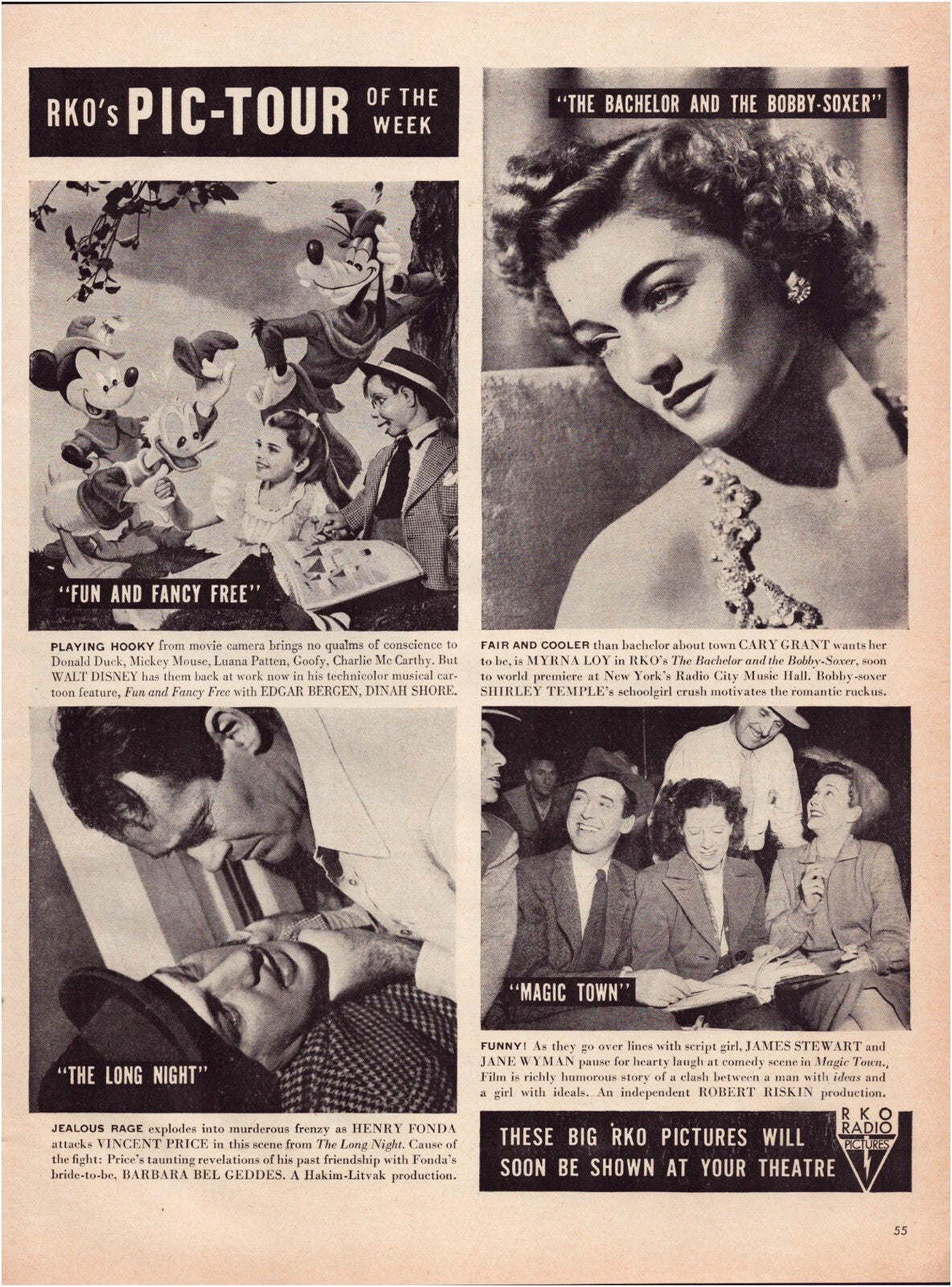 1947 RKO Pic Tour advertisement featuring Disney Fun and Fancy Free with film stills and actress portrait layout