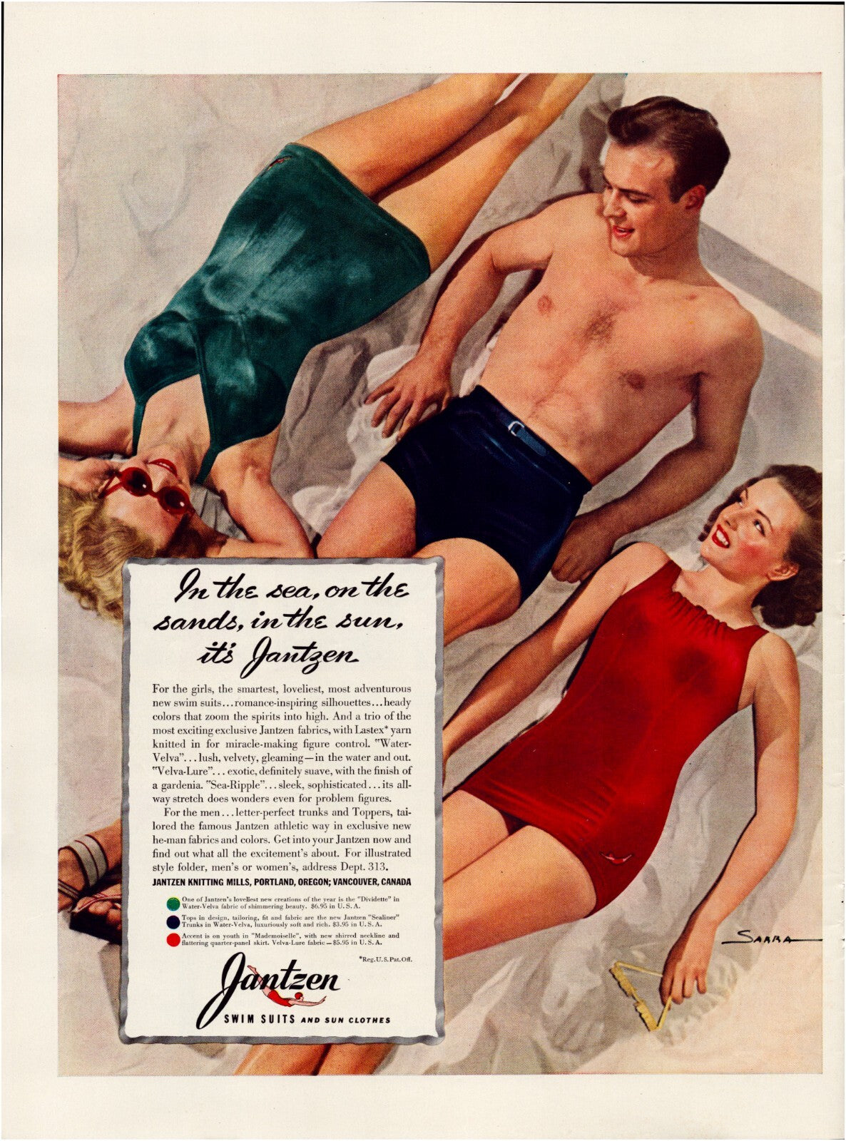 Jantzen swimsuits 1940 print ad with three figures in vintage swimwear posed on sand in red and green suits full page illustration