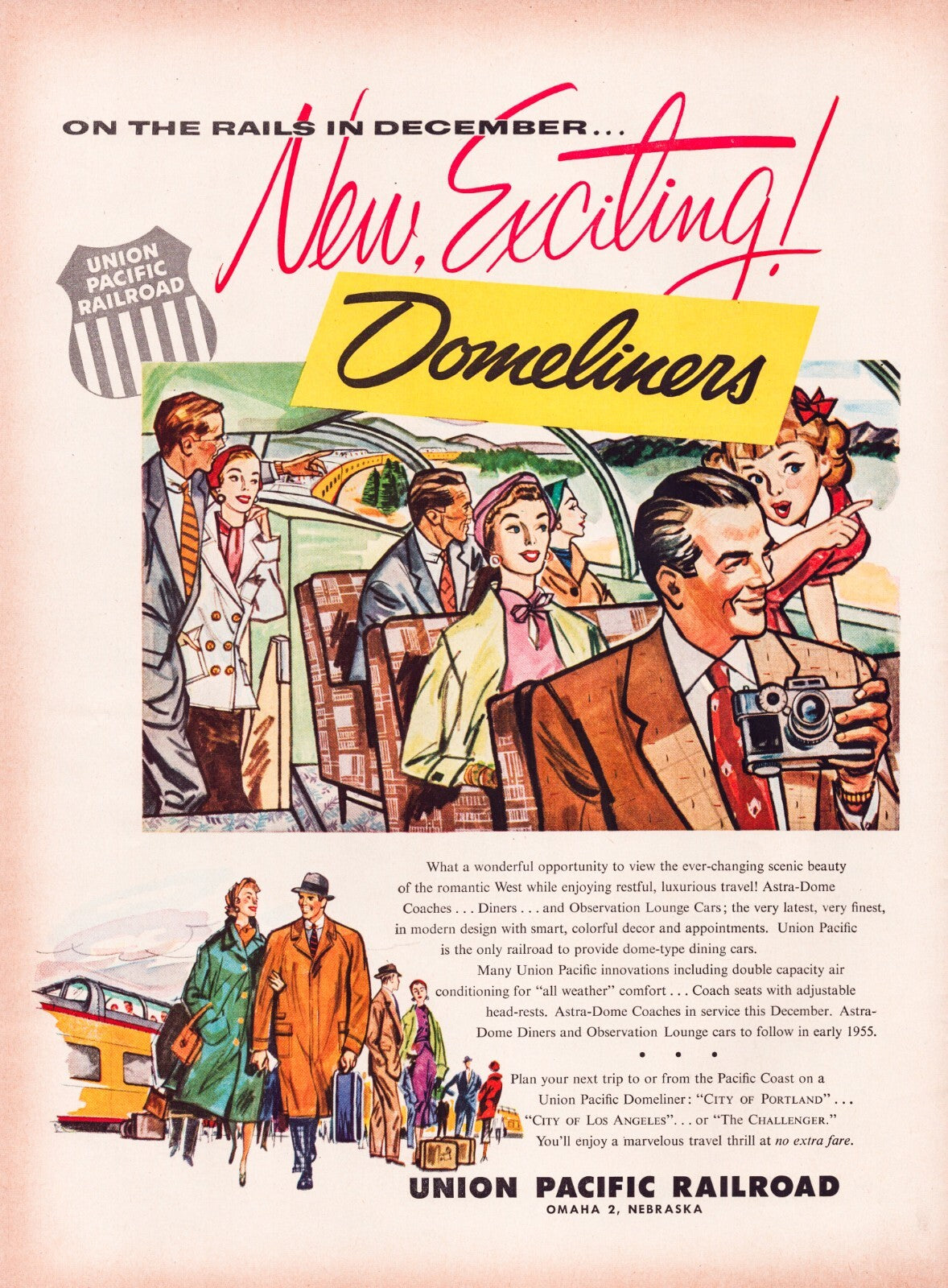 Union Pacific Domeliner train 1954 print advertisement passengers dome car travel scene
