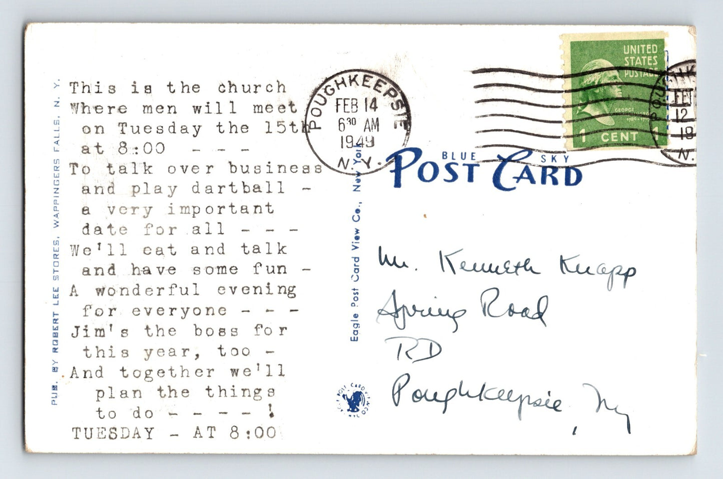 Wappingers Falls New York First Presbyterian Church 1949 Postcard Posted