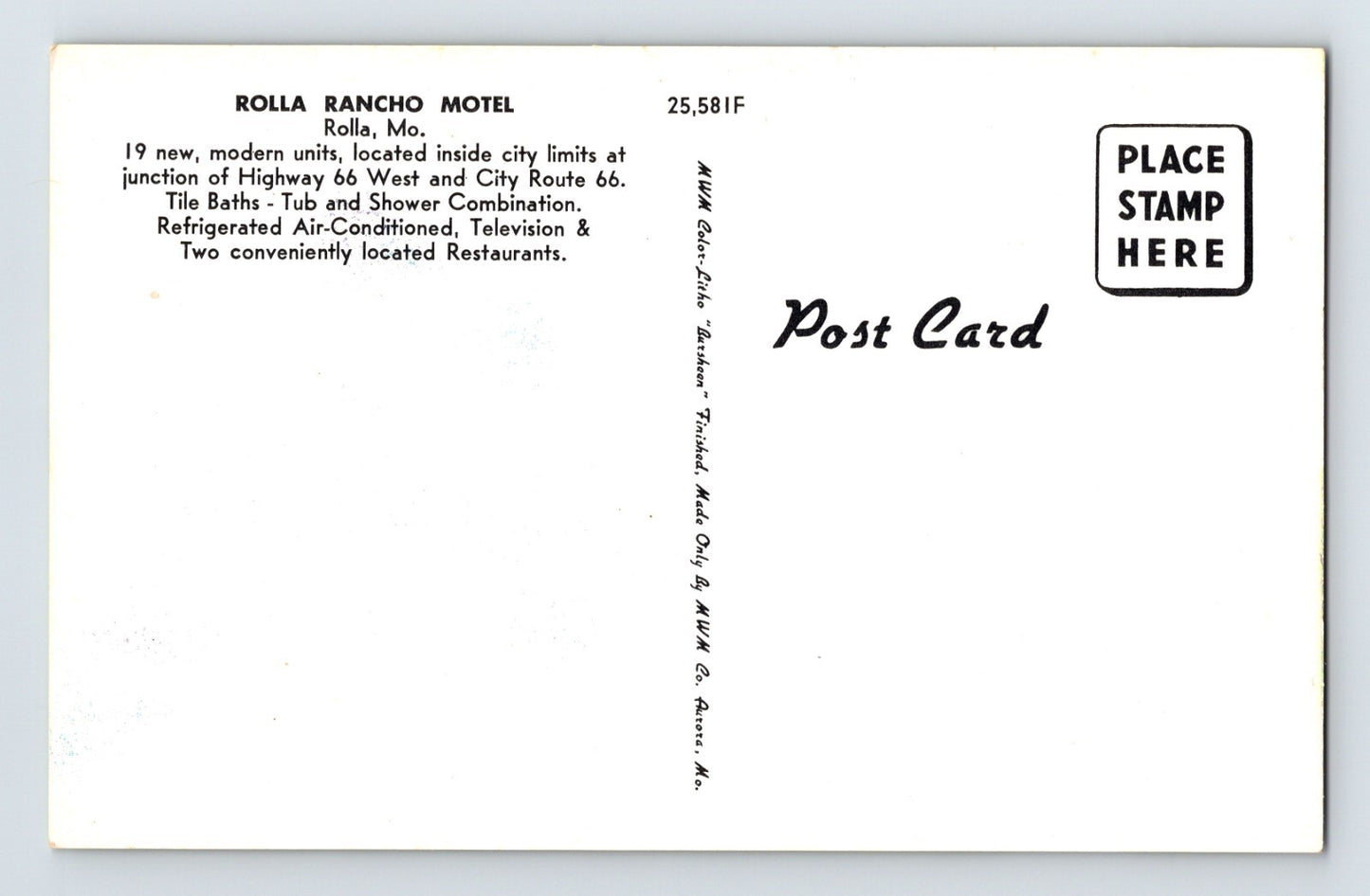 Rolla Missouri Rancho Motel Route 66 1950s Postcard Unposted Chrome