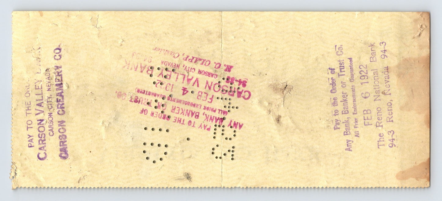 Virginia City Nevada 1922 Carson Creamery Money Order Check 3.25 x 7