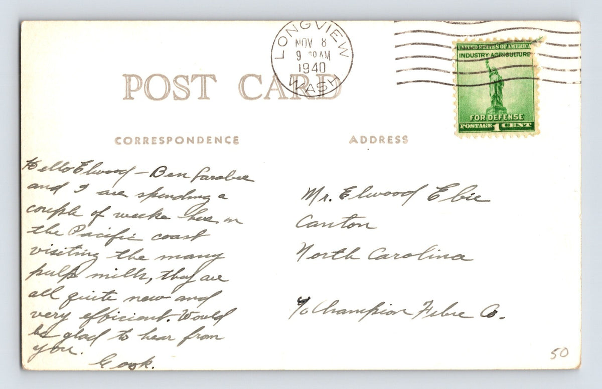 Longview Washington Weyerhaeuser Timber Ship 1940 RPPC Postcard Posted