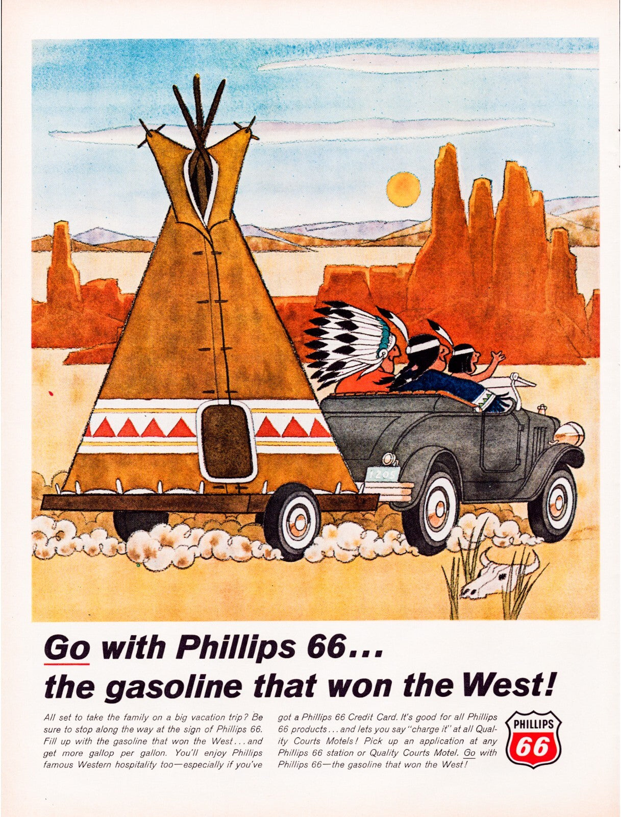 Phillips 66 1966 print ad car towing teepee desert illustration Route 66 style