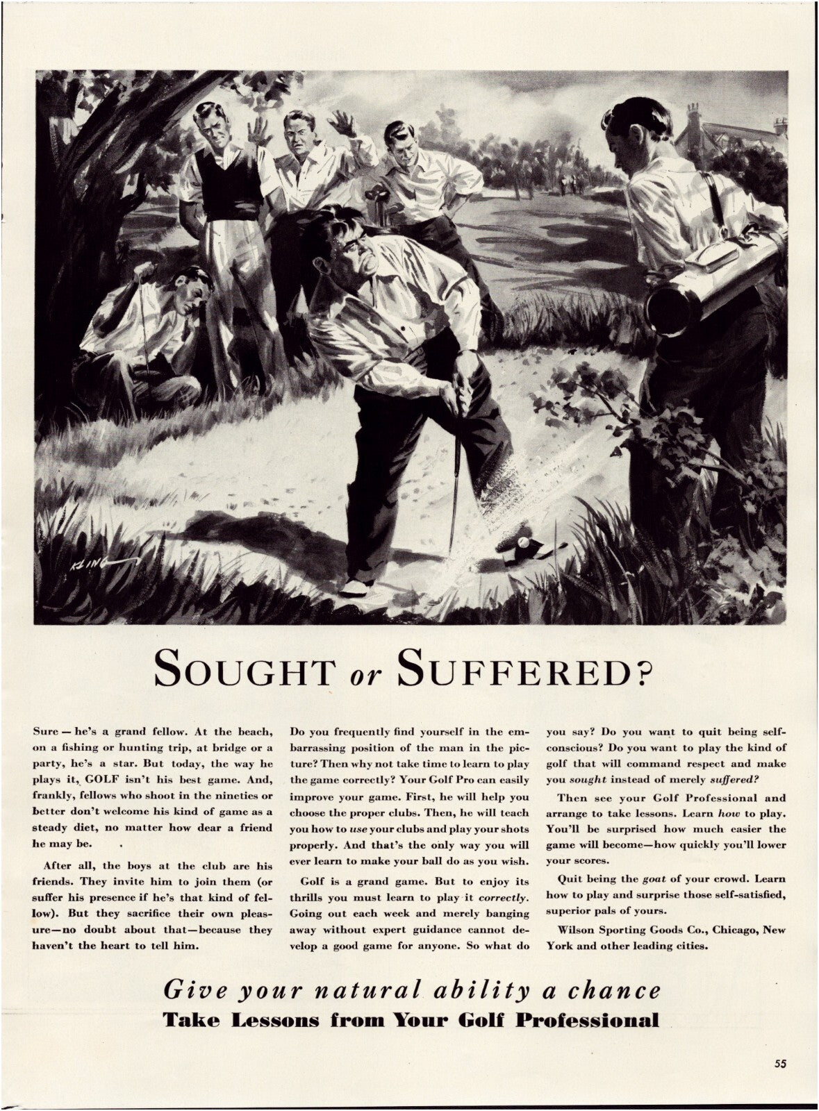 Golf professional 1940 print ad bunker lesson illustration golfer sand trap instruction full page