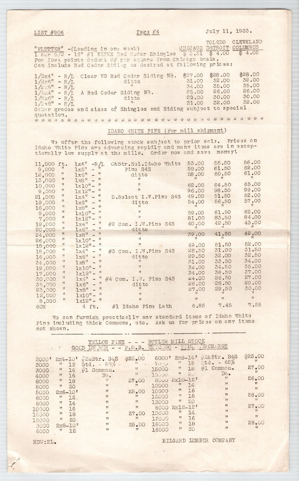 Chicago Illinois Hilgard Lumber Company 1933 Letterhead Prices 2-Page – 8.5 x 14