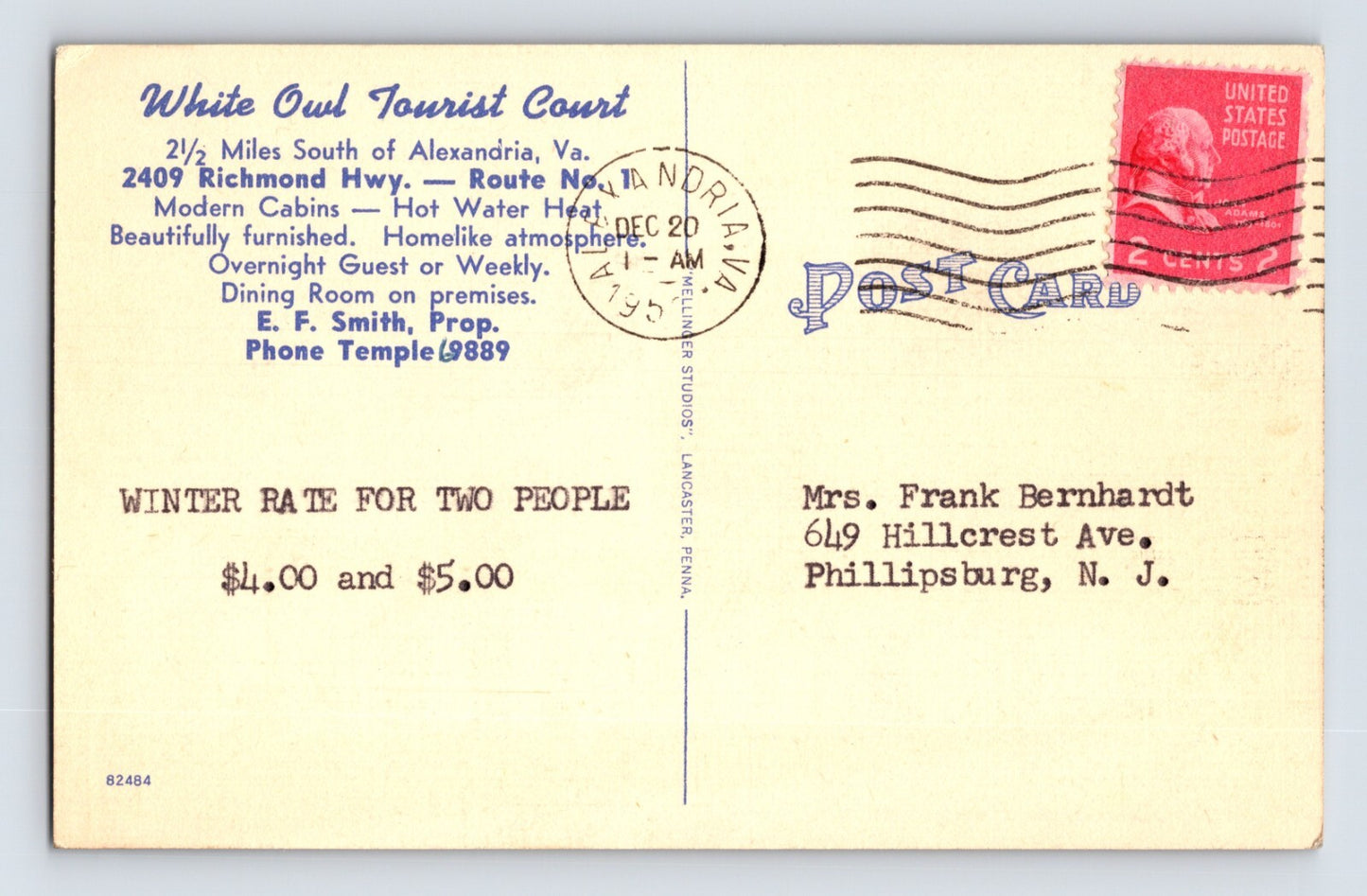 Alexandria Virginia White Owl Court Motel Rates 1950 Postcard Posted Linen