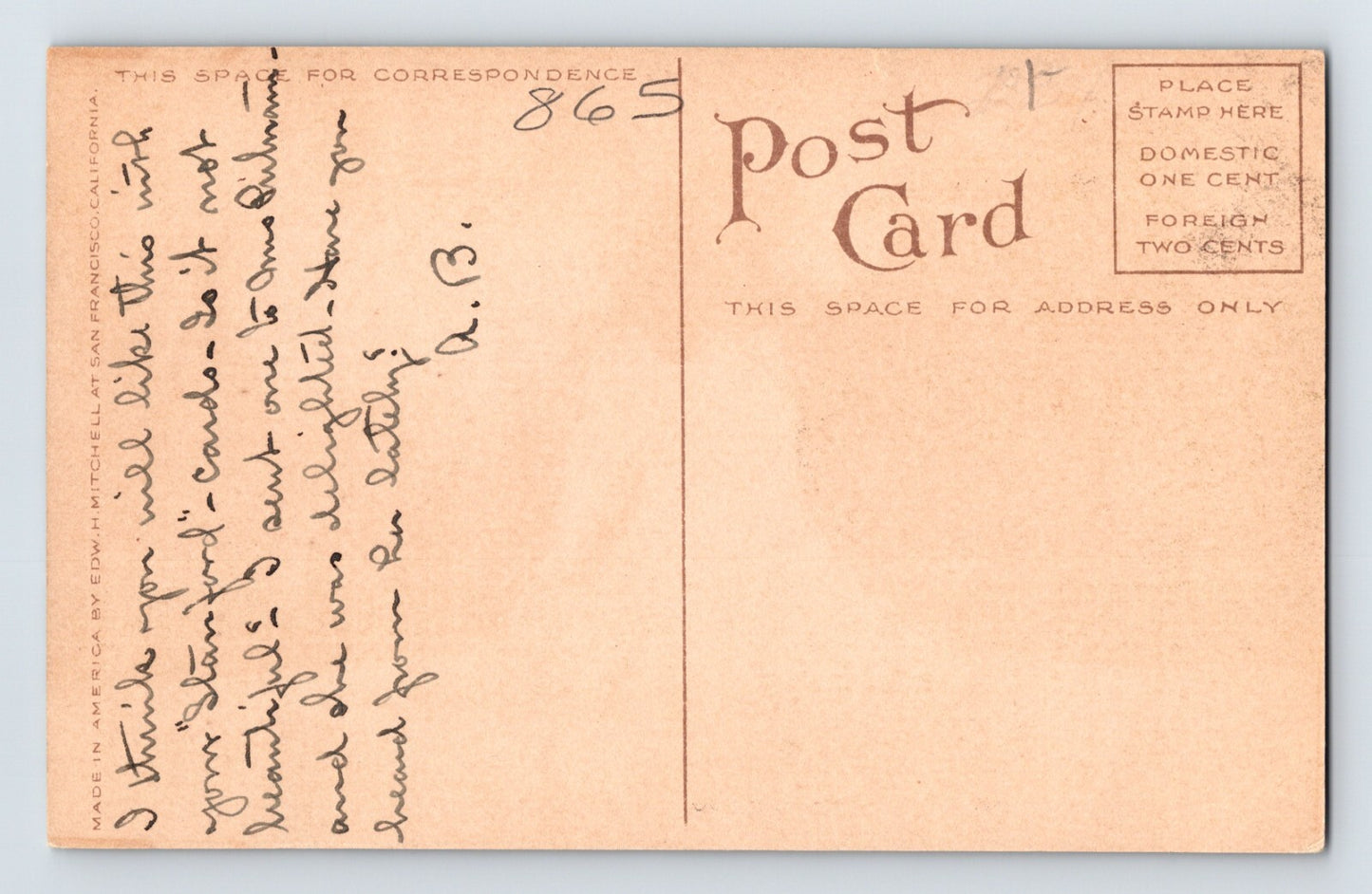 Palo Alto California Stanford University Angel of Grief Statue 1910s Postcard