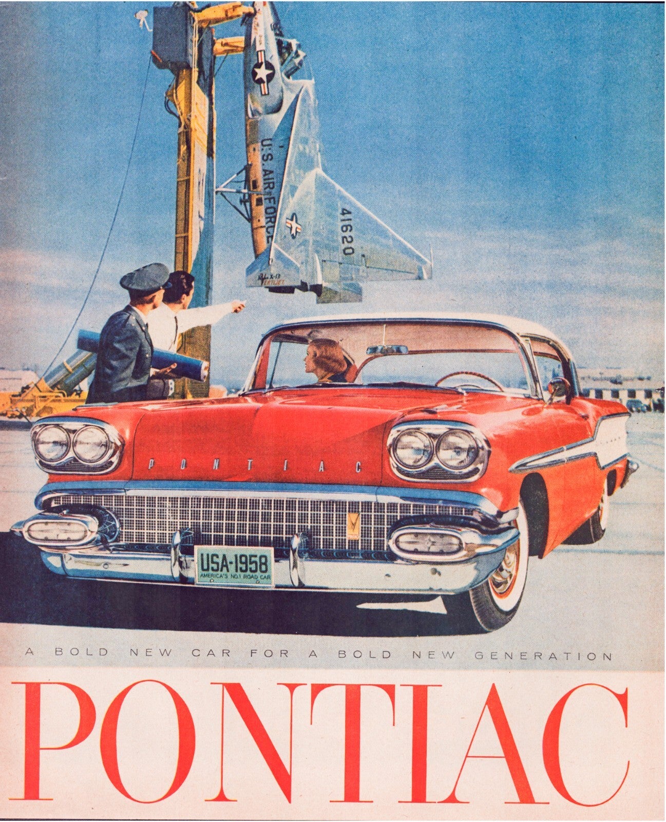Pontiac 1958 red car U.S. Air Force aircraft crane scene vintage print ad