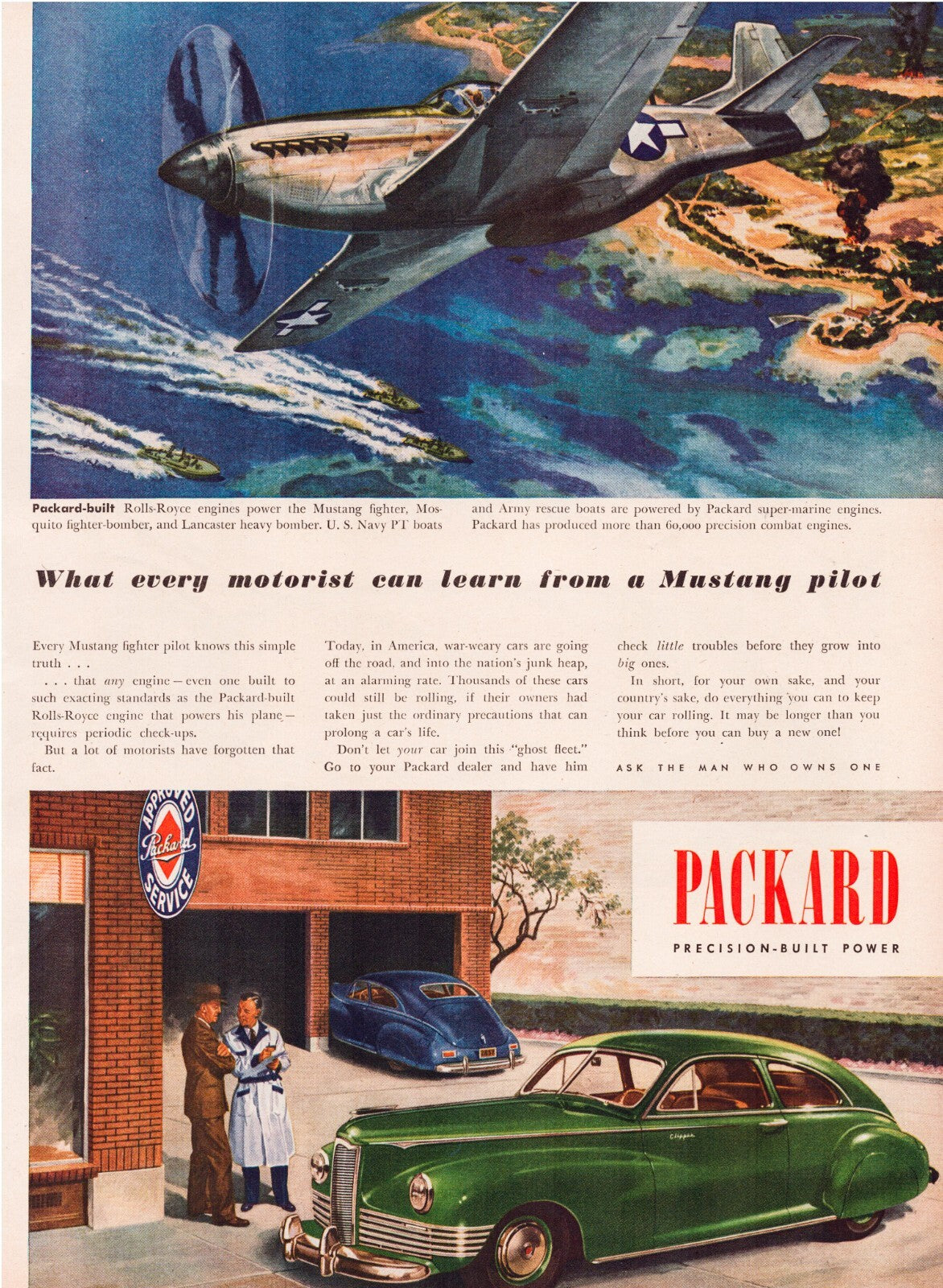 Packard 1945 print ad Clipper automobile Mustang airplane WWII aviation theme full page magazine page 10.5 x 13.5