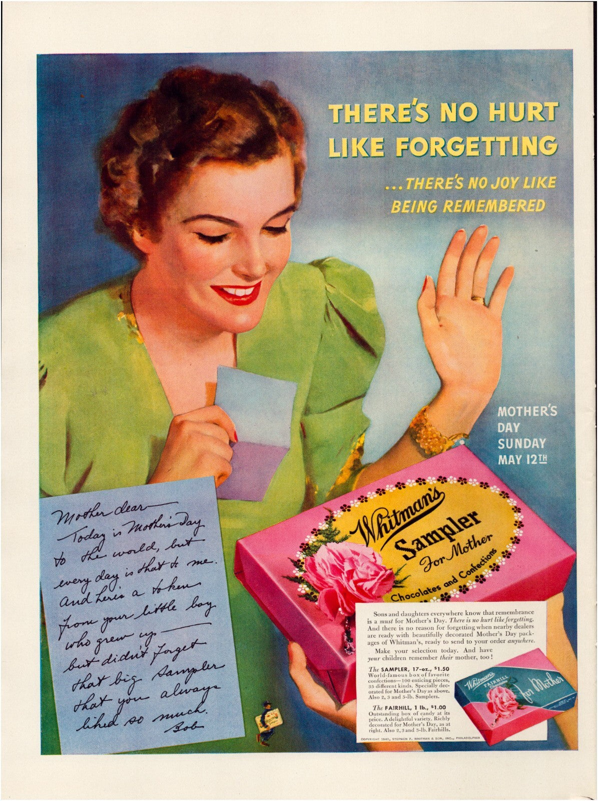 Whitmans Chocolate Sampler 1940 Mothers Day candy print ad woman gift box vintage advertising page
