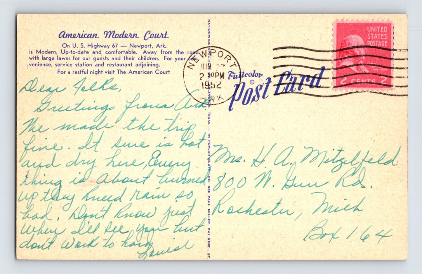 Newport Arkansas American Court Motel 1952 Postcard Linen Posted