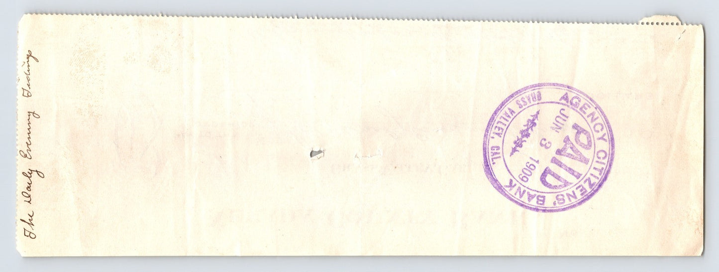 Grass Valley California 1909 Nevada County Bank Check Money Order 3 x 8