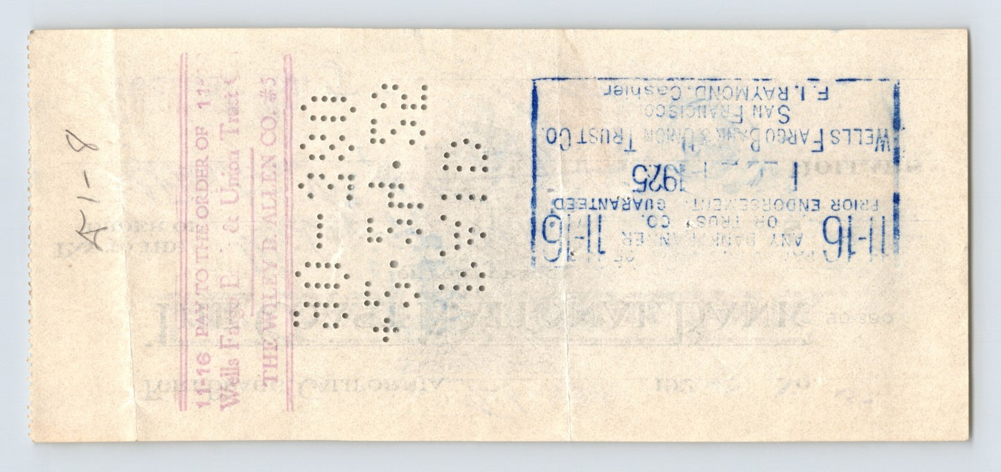 Fort Bragg California Coast National Bank 1925 Money Order Check – 2.75 x 6