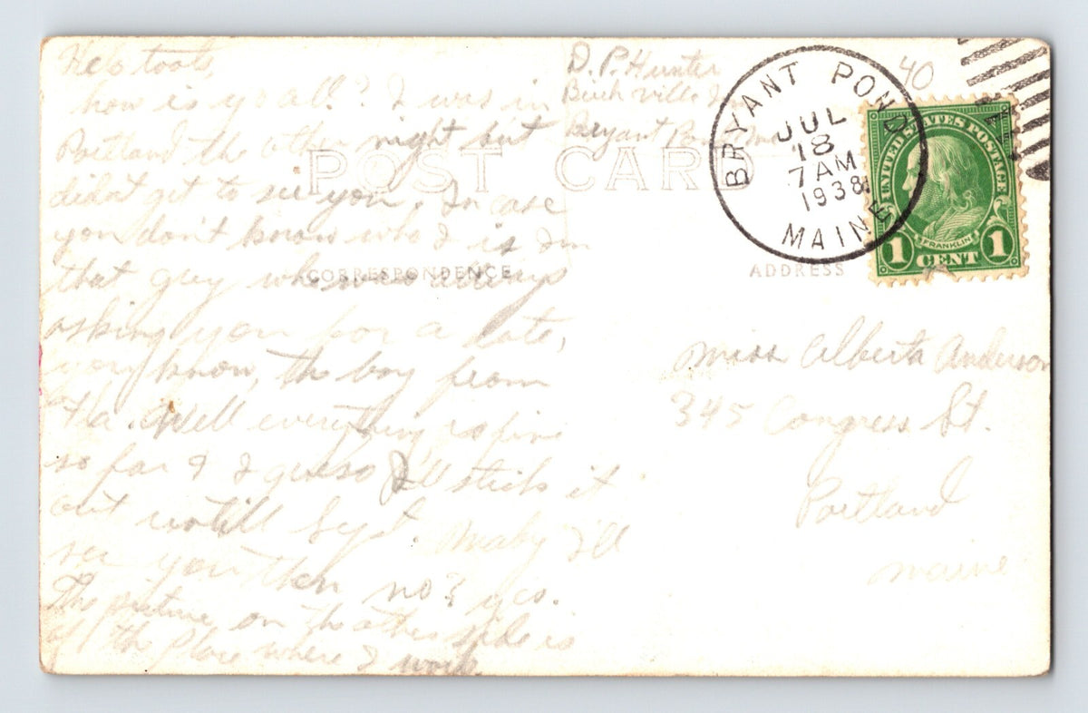 Bryant Pond Maine Birch Vila Inn Entrance 1938 RPPC Postcard Posted