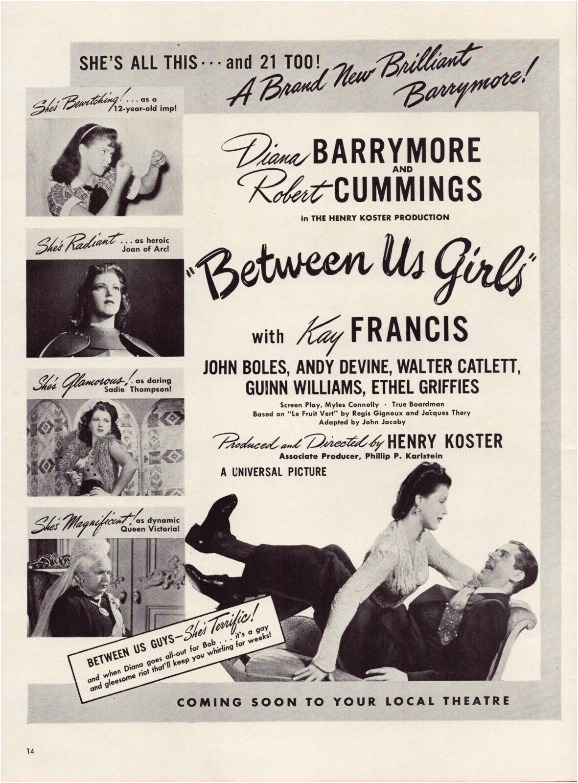 Between Us Girls 1942 film print ad Diana Barrymore Robert Cummings Kay Francis