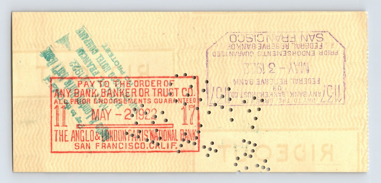 Marysville California 1922 Rideout Bank Money Order Check 2.75 x 6