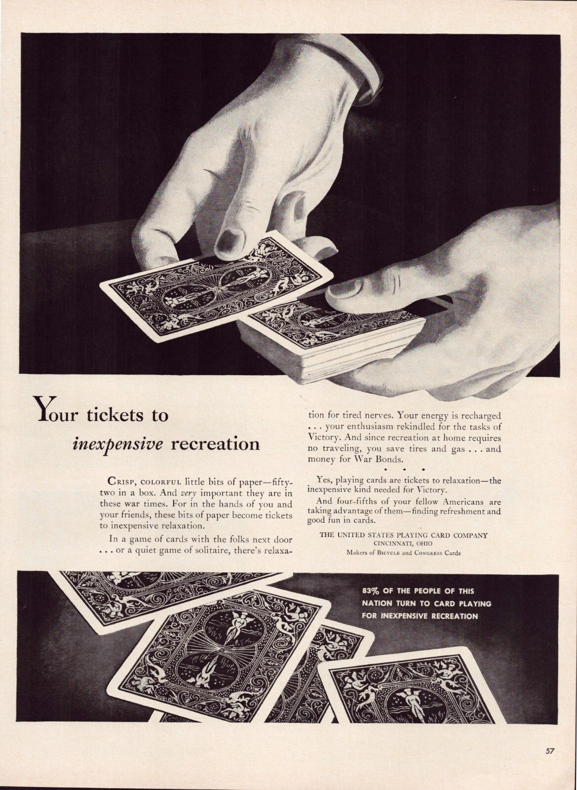 Bicycle playing cards 1942 print ad WWII recreation cards hands deck full page