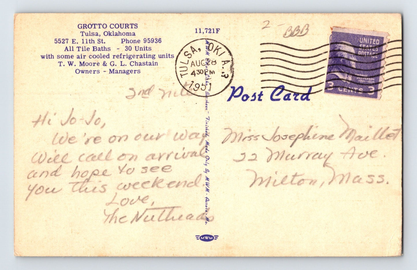 Tulsa Oklahoma Grotto Court Motel Route 66 Aerial 1951 Postcard Posted Linen