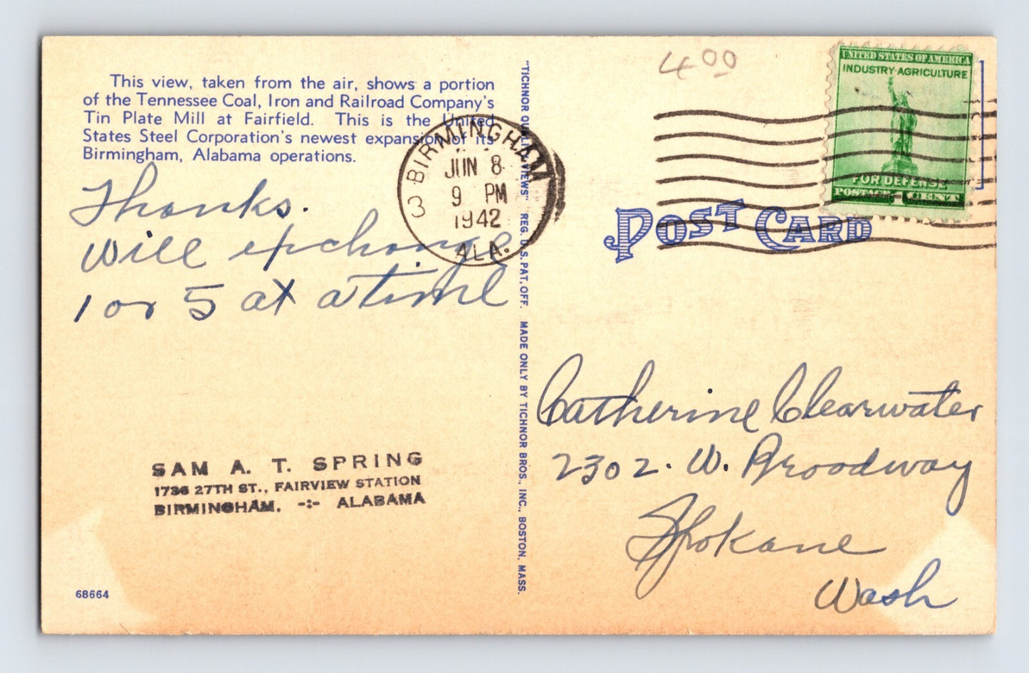 Birmingham Alabama Tennessee Coal Iron Railway Mill 1942 Linen Postcard Posted
