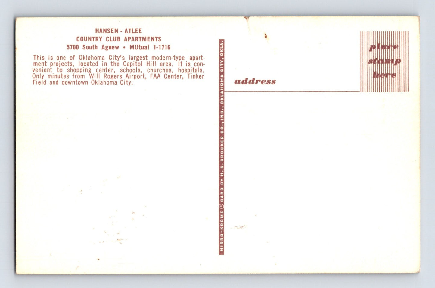 Oklahoma City Oklahoma Hansen Atlee Country Club Apartments 1960s Postcard